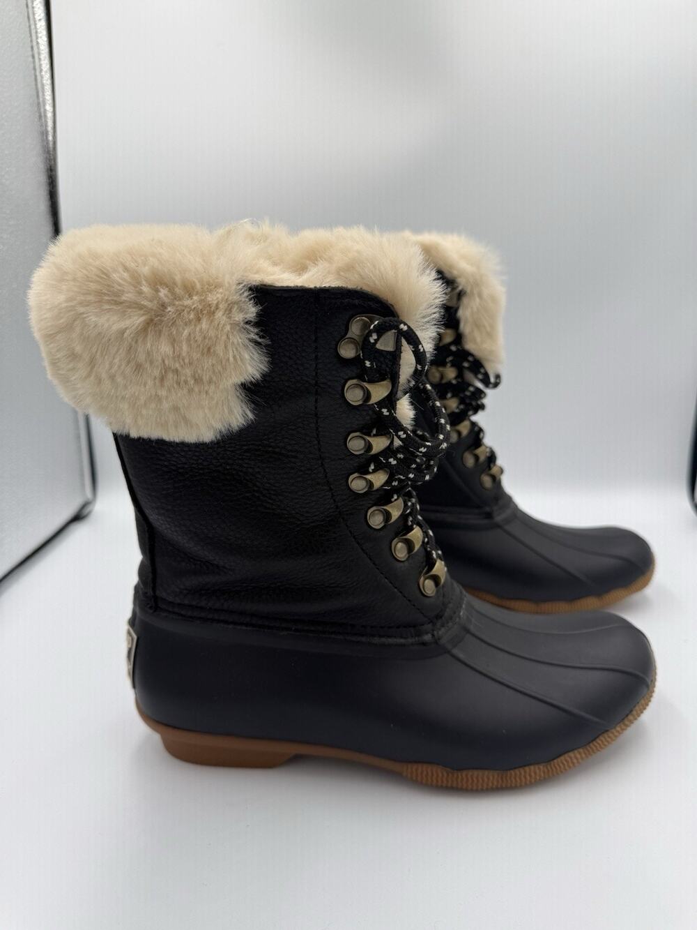Sperry x goop Saltwater Duck Boots Women’s 6.5 Black Leather Faux Fur Winter